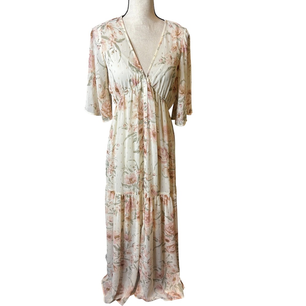 Love Stitch Floral Maxi Dress Cream Pink Gold Metallic V-Neck Boho S